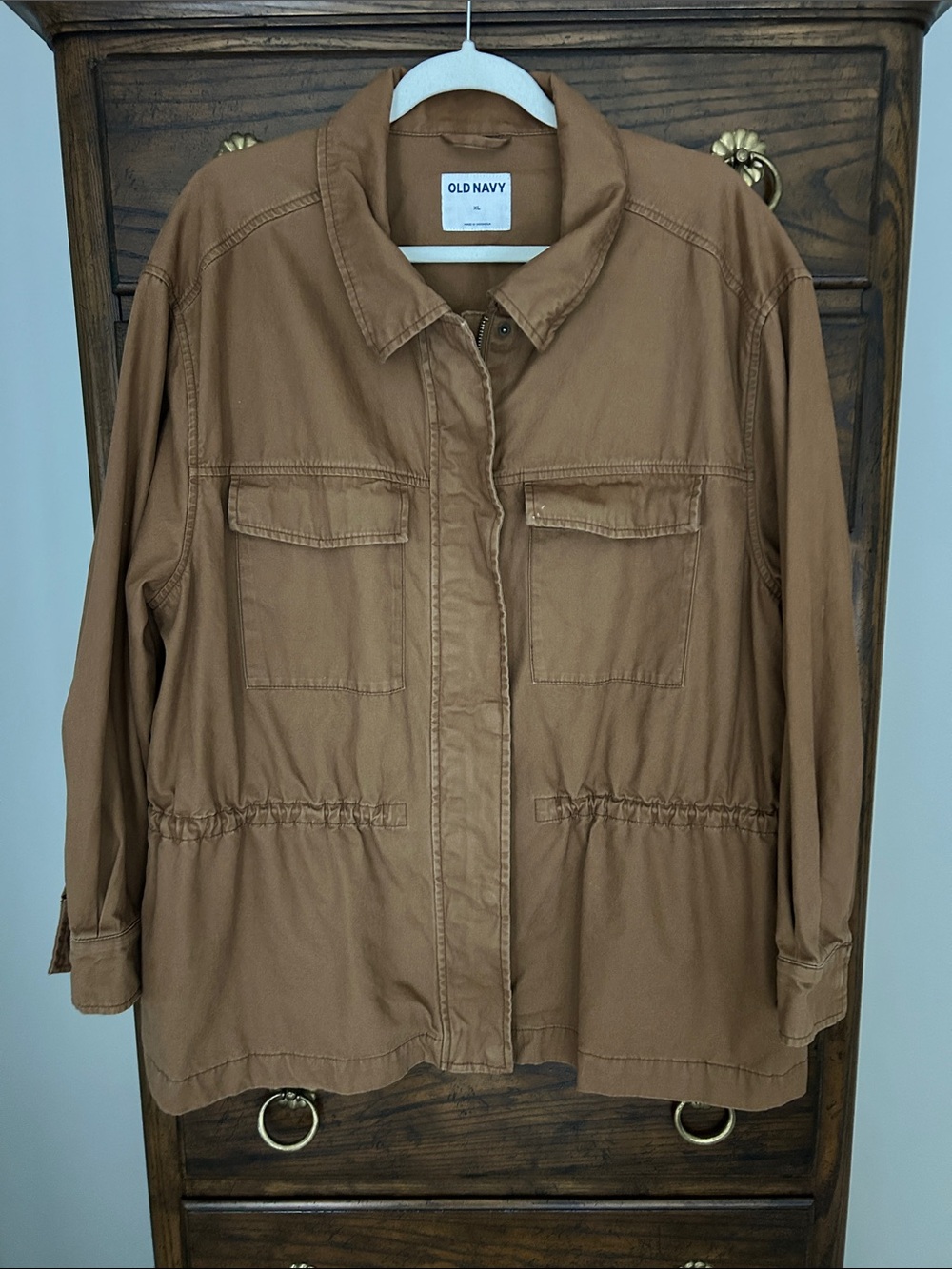 Old Navy Tan Cotton Utility Jacket with Drawstring Waist, Size XL